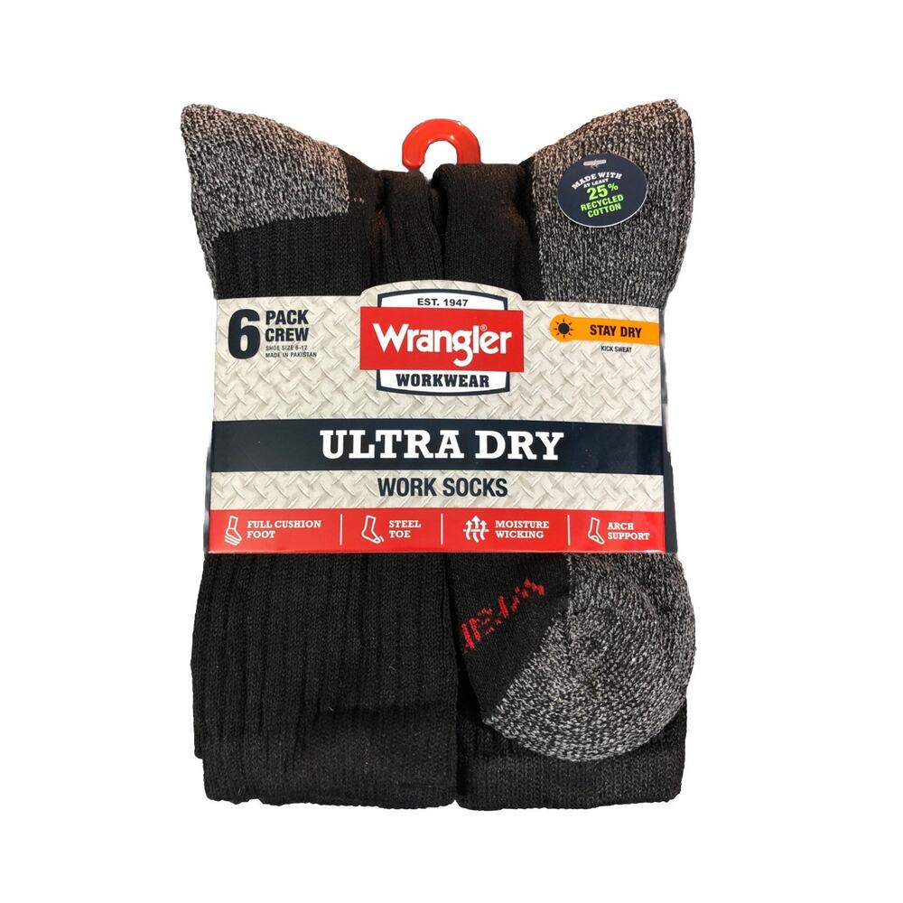 Ultra Dry Steel Toe Sock Wrangler Mens Cushion Crew Size 6-12 Black Work 6 Pair